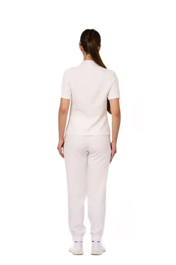 Uniforma medicala dama, bluza cu fermoar-pantaloni jogger, alb