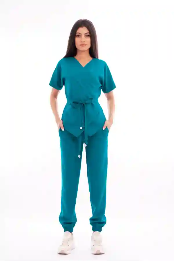 Costum medical dama, bluza-pantaloni, turcoaz inchis